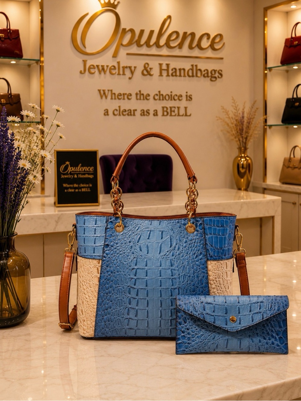 Blue & Cream Croc-Embossed Tote with Wallet